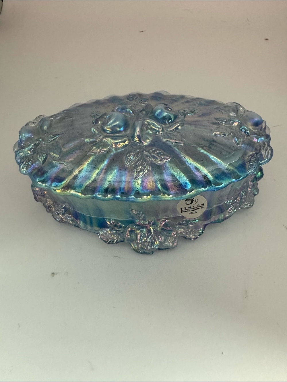 Fenton Iridescent  Cabbage Blue Trinket Box
